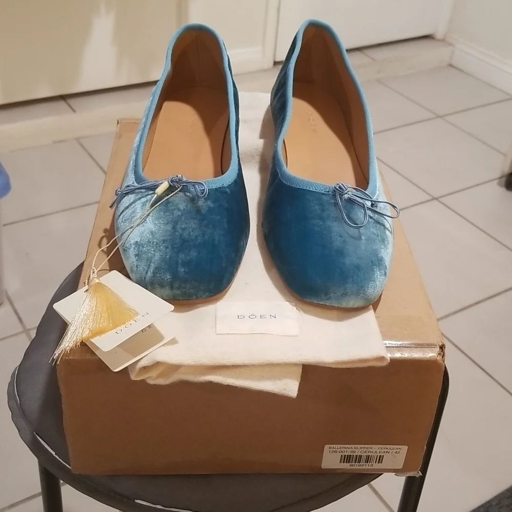 💕DOEN💕 Ballerina Slipper ~ Cerulean Blue Velvet Leather Flats EU 42 US 11 NWT - Picture 12 of 16